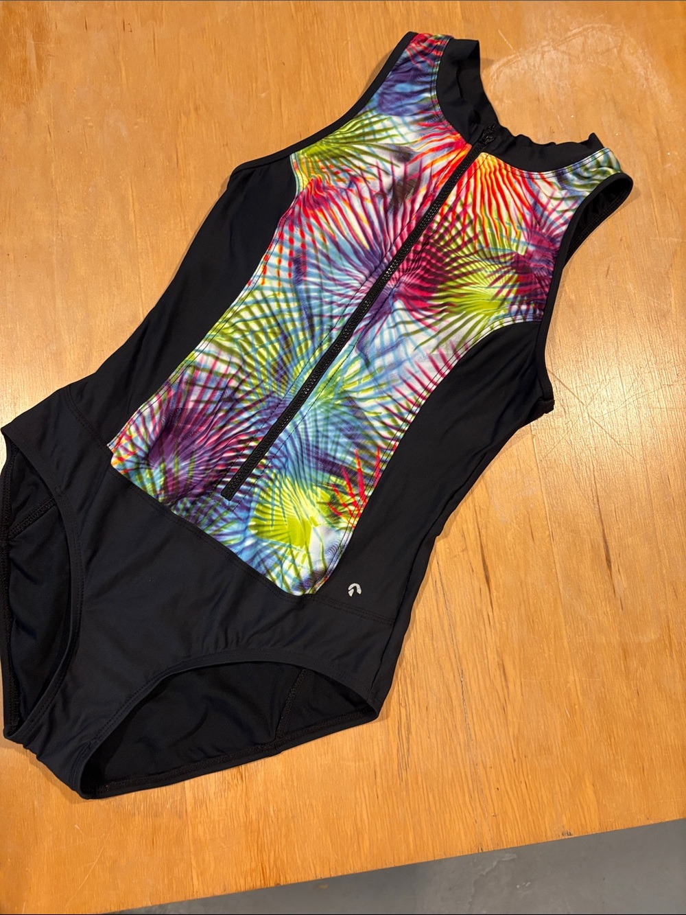 next ~ Jet Black One-Piece Swimsuit Neon Multicolor Tropical Front Panel and Zip